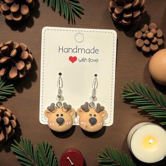 Handmade Reindeer Earrings | Christmas Earrings | Polymer Clay Holiday Jewelry - Picture 5 of 7